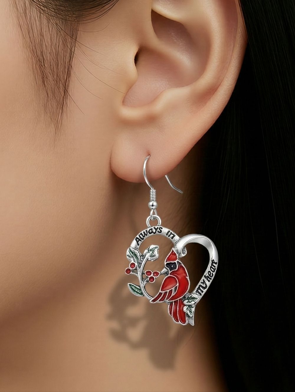 Red Cardinal Dangle Earrings Heart Memorial Jewelry Always in My Heart Symbolic